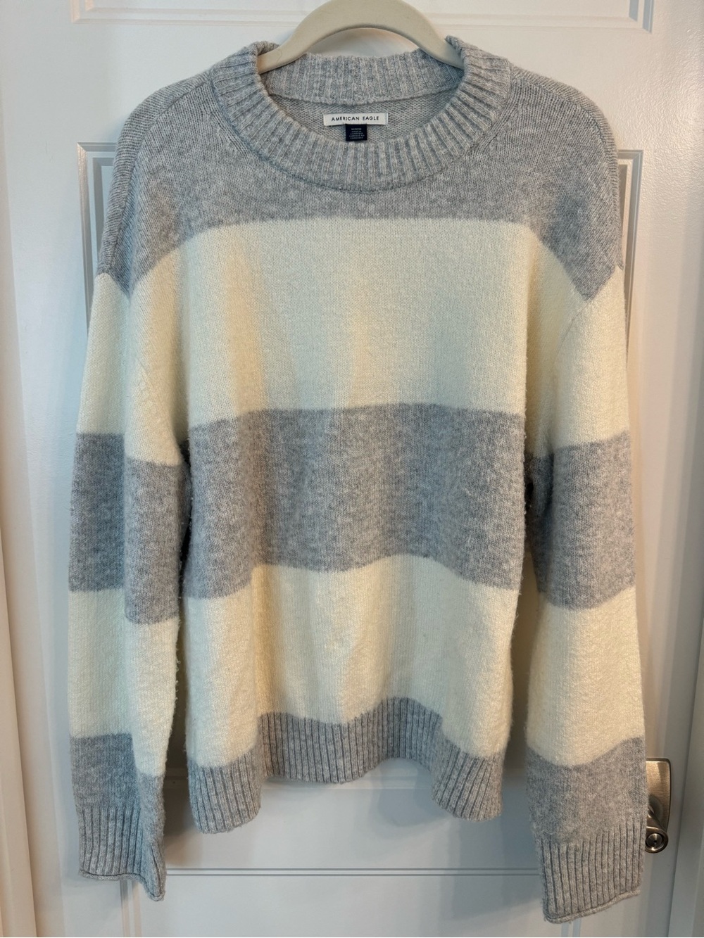 American Eagle Gray and Cream Striped Crewneck Sweater- Medium